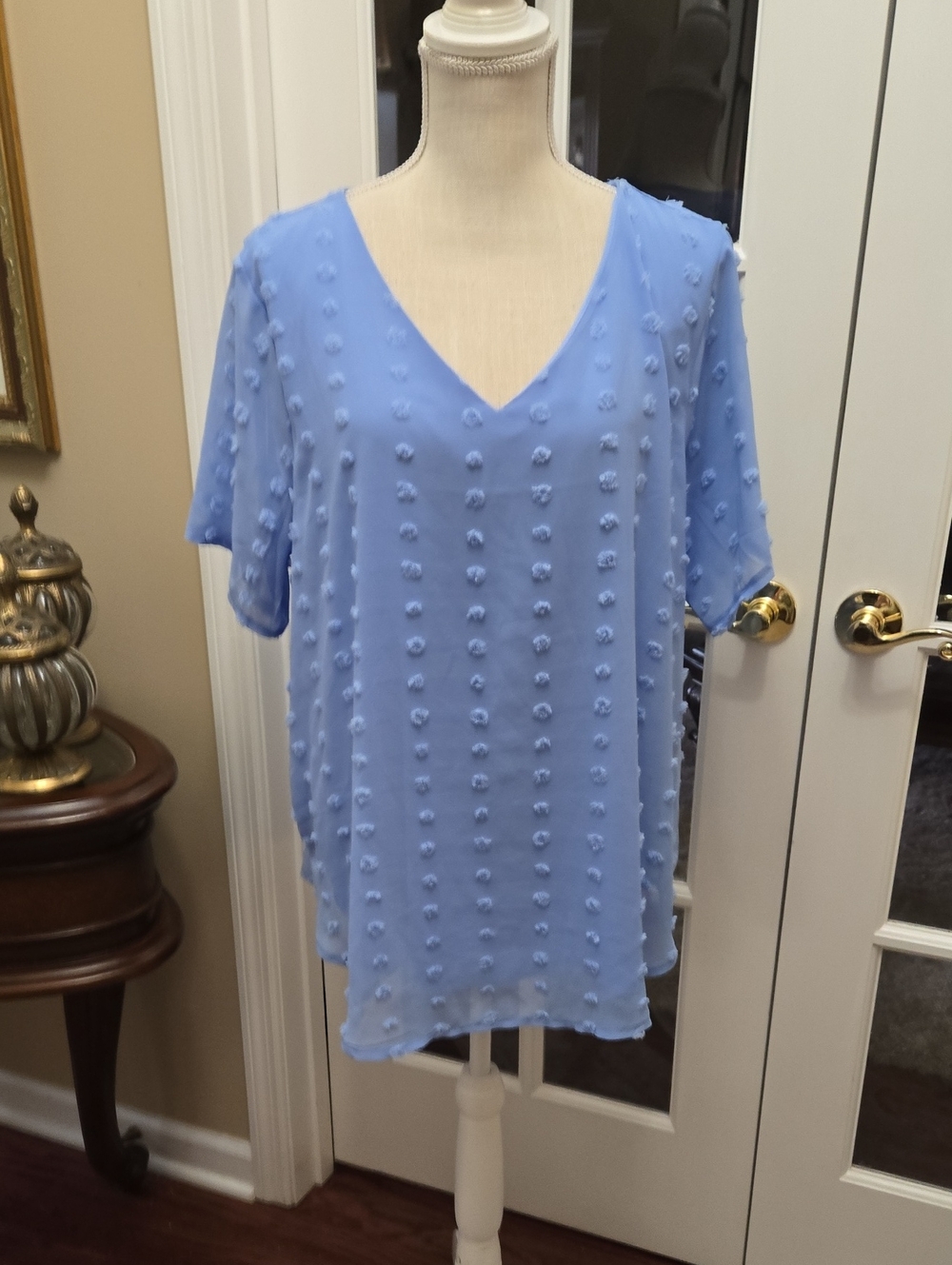 Zenana Outfitters Light Blue V-Neck Pom-Pom Tunic Fully Lined Size 2X NEW W/TAGS